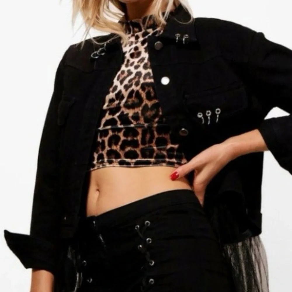 Pierced Black Denim Jacket w Detachable Sheer Tulle Panel - Picture 4 of 16